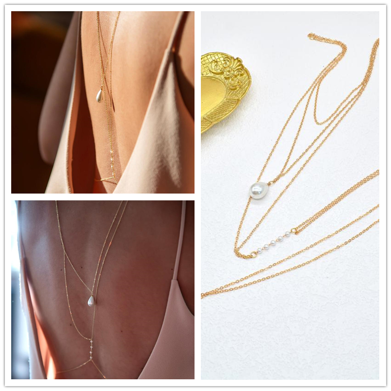 Body Jewelry Back - 【DJyoe】Simple Multilayer Pearl Back Drop Chain